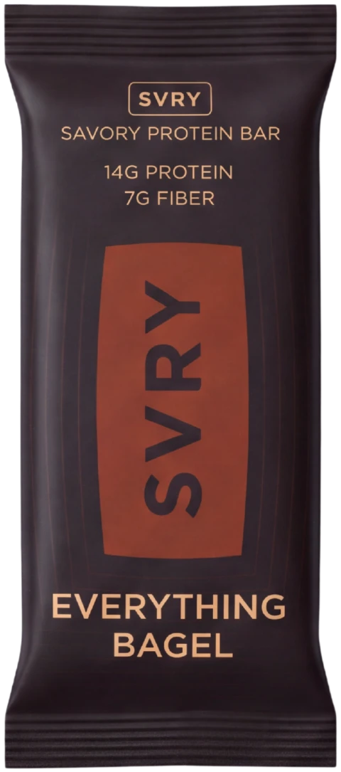 SVRY Everything Bagel savory protein bar wrapper.