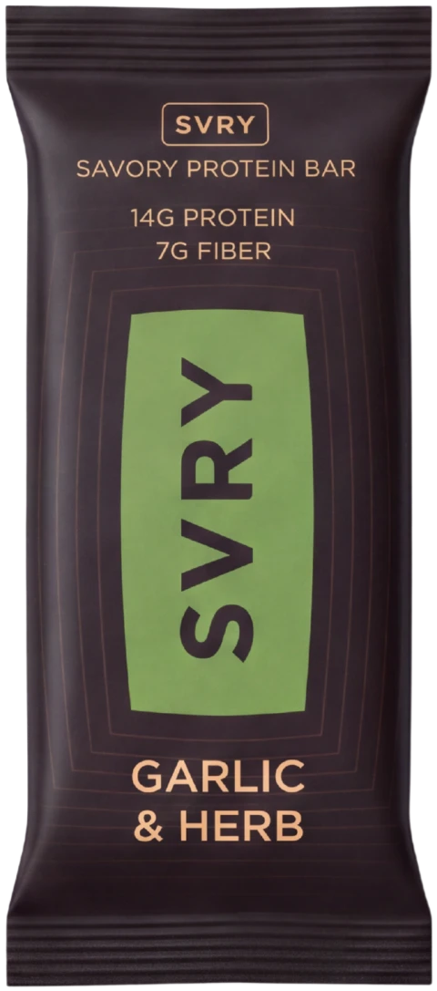 SVRY Garlic & Herb savory protein bar wrapper.