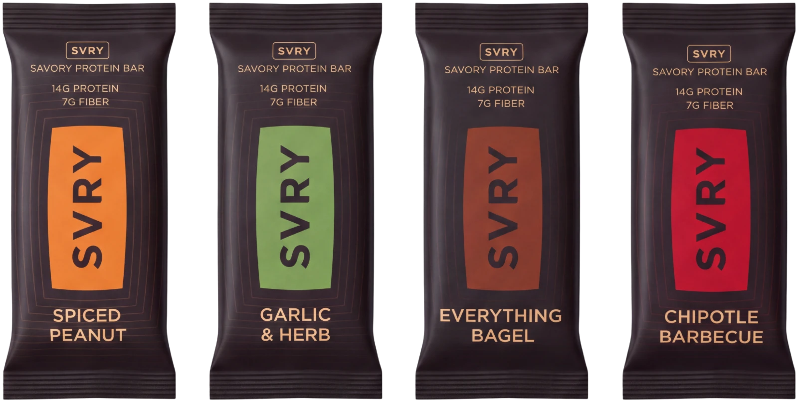 The four SVRY savory protein bar wrappers side by side: Spiced Peanut, Garlic & Herb, Everything Bagel and Chipotle Barbecue.